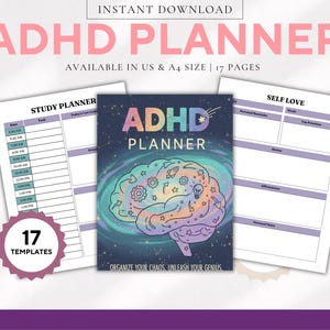 Op de afbeelding: ADHD Planner met een hersenillustratie met galaxiethema. De planner bevat studie-, zelfliefde- en andere sjablonen. De tekst luidt "ADHD PLANNER" en "Organize Your Chaos, Unleash Your Genius."