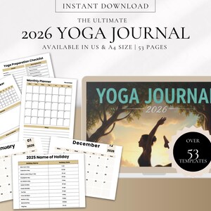 Op de afbeelding: Een digitale yoga journal voor 2026, met een laptop die een yogascène en diverse afdrukbare pagina's toont. Bevat een maandplanner, praktijktracker en vakantielijst. De journal heeft meer dan 53 sjablonen.