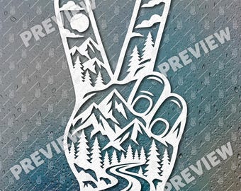 Autocollant Peace Hand Mountain (format SVG), fichier de découpe pour aventures en plein air (svg, png, dxf, eps)