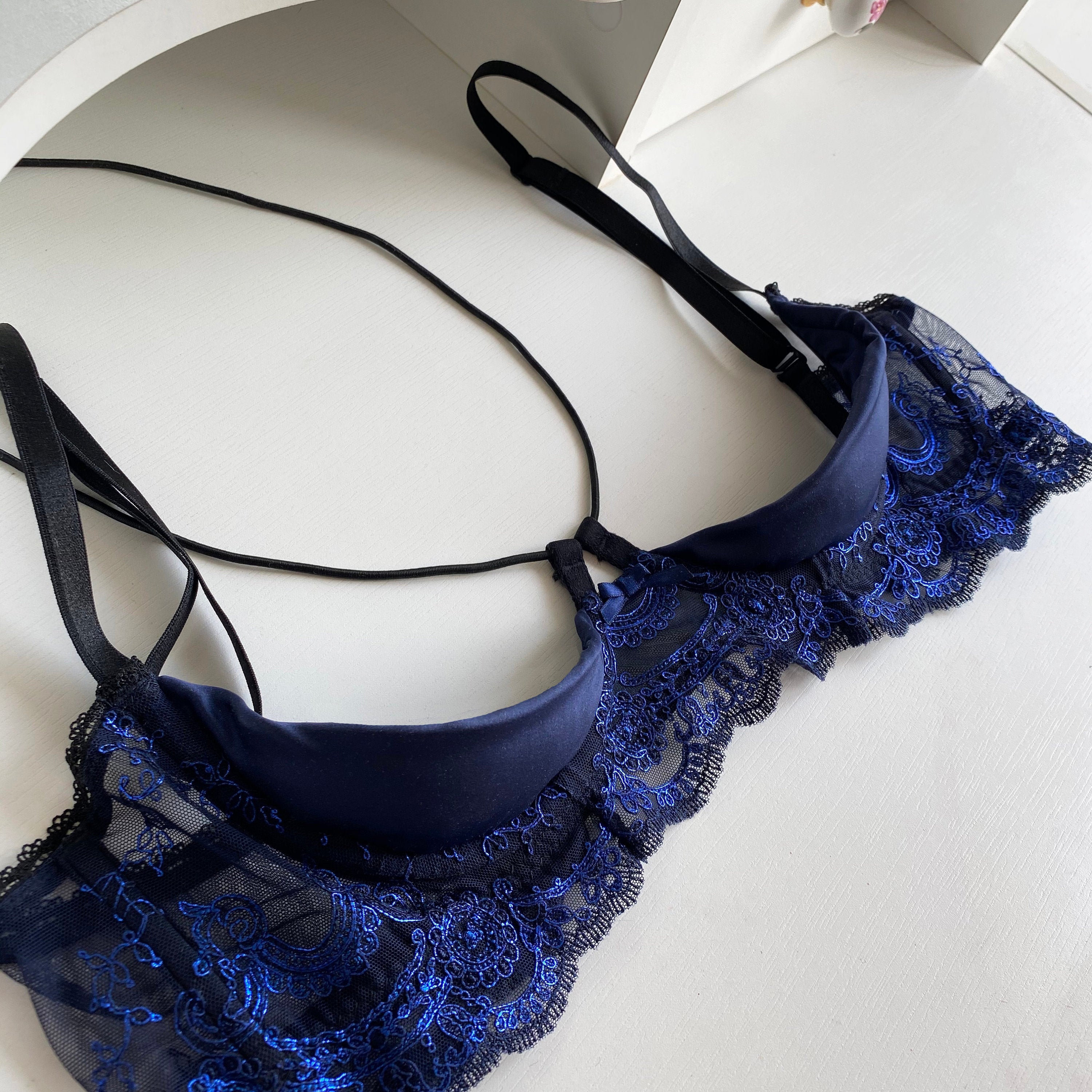 Blue Bra Quarter Cup Bra Open Cup Bra Sheer Bra Sexy Bra Lace Bra Harness  Bra Quarter Bra Cage Bra Erotic Bra Silk Bra Gift for Girlfriend -   Hong Kong