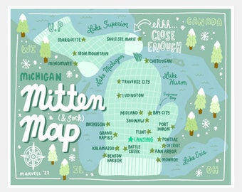 May include: A light blue and green illustrated map of Michigan, shaped like a mitten, with the text "Mitten Map" in a large, stylized font. The map includes the names of cities and towns, as well as the names of the Great Lakes. The map is surrounded by a white border.