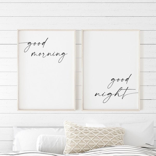 Good Morning Good Night Wall Decor, Over The Bed Sign, Bedroom Prints, Above Bed Signs, Couple Wall Art, Modern Minimalist Art, PRINTABLE