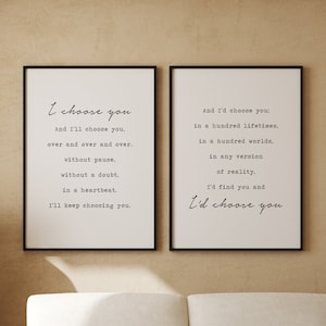 Eu escolho você e escolho você conjunto, impressões de decoração de casa, citação de quarto, arte de parede de amor, arte de parede para impressão, decoração de quarto principal, decoração de parede