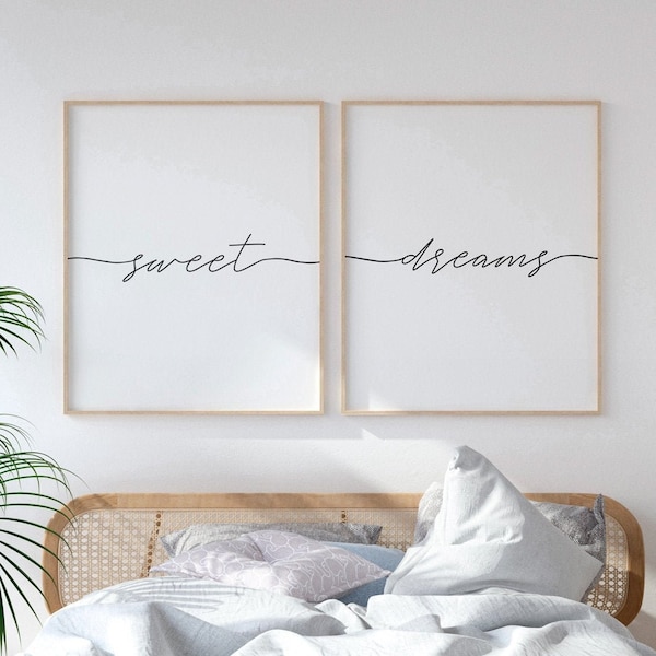 Sweet Dreams Sign, Womens Bedroom Art, Set of 2 Prints, Above Bed Art, Bedroom Wall Art, Calligraphy Printable, Above Crib Decor