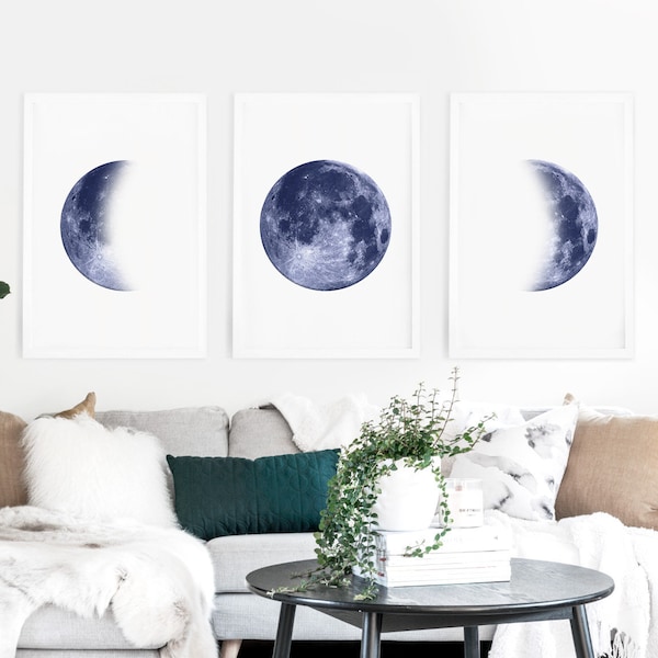 Moon Phase Print Set of 3, 3 Piece Wall Art, Moon Print Set, Set of 3 moon phases, Bedroom decor, Blue Navy Prints, Digital Download.
