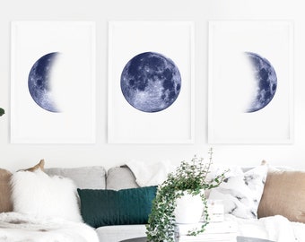 Moon Phase Print Set of 3, 3 Piece Wall Art, Moon Print Set, Set of 3 moon phases, Bedroom decor, Blue Navy Prints, Digital Download.