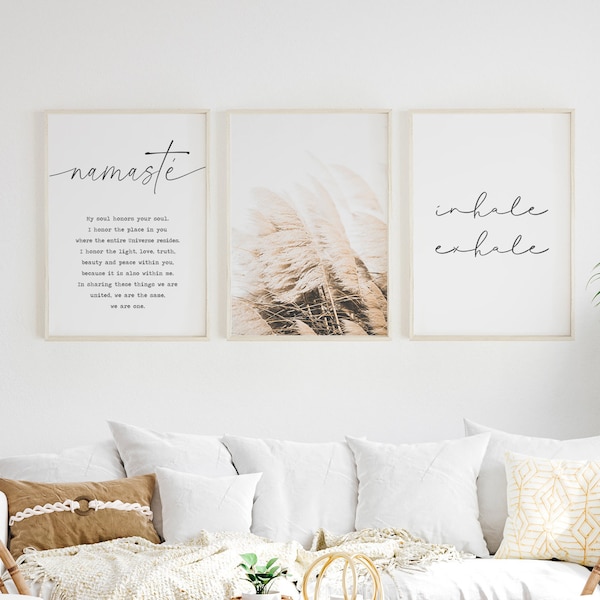 Namaste Print Set, Inhale Exhale Sign Set, Pampas Grass Print, Namaste Wall Art, Yoga Printable Art,  Bedroom Wall Decor, Boho Style Decor