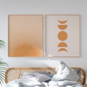 Sun and Moon Phases Art Print, Boho Decor Set of 2, Sun and Moon Nursery Decor, Beige Prints, Mid Century Modern, Printable Art Wall Decor