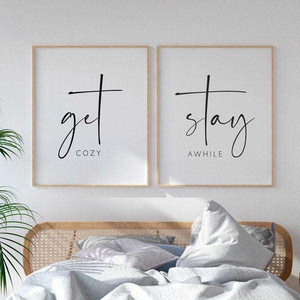 Gästezimmer Drucke, Get Cozy Stay Awhile Wandkunst, Set von Drucke Wandkunst, Gästezimmer Zitat Druck, Gäste Schlafzimmer Schilder, Stay Awhile Schild, Kunst