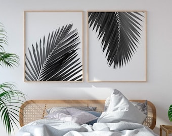 Palm Leaf Print, Set 2 Printable, Black and White Palm Leaves, Palm Leaves Wall Art, Tropical Decor, Black Palm Leaf Art, Black Palm Decor