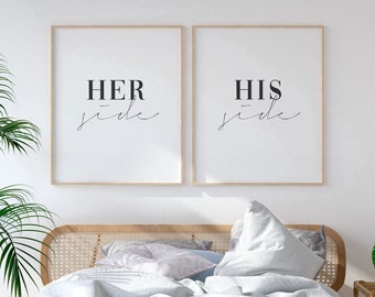 Her Side His Side Print, Zestaw 2 wydruków, Znaki nad łóżkiem, Zestaw wydruków do sypialni, Wydruk boho, Wystrój sypialni, Plakat typograficzny, SZTUKA CYFROWA