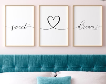 Decoración de pared Sweet Dreams, arte de pared del dormitorio, impresión del corazón de sweet dreams, decoración de la pared de la habitación de la habitación, arte de pared de sweet dreams, dulces sueños imprimibles