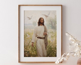Jesus Christ Printable Wall Art, Peaceful Christian Decor, Inspirational Religious Poster, Floral Home Decor, Instant Download
