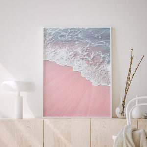 Beach Wall Art Print, Pink Printable Art, Coastal Photography, Printable Digital Download, Large Wall Art, Ocean Water Waves.