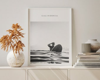 Surf Poster Black and White, Surfing Print Download, Surfer Beach Coastal Wall Art, Living Room Decor Printable..