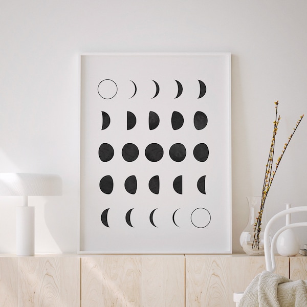Black and White Moon Phases Art Print, Scandinavian Boho Decor (Digital Download)