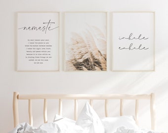Set med 3 utskrivbara väggkonst för sovrum - Namaste-tryck, yogarumsdekor, andas in och ut - minimalistiska svartvita posters