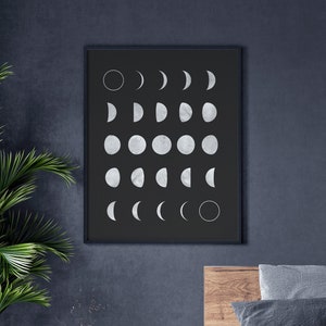 Moon Printable Art, Phases of the Moon Wall Art, Black and White Wall Art, Moon Phases Poster, Lunar Phases, Moon Phase Pictures,Moon Poster