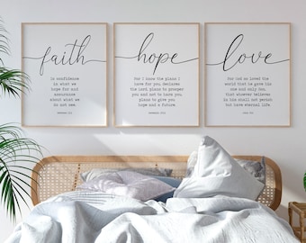 Bible Verse Print, Faith Hope Love Wall Art, Set of 3 Printable Art, Christian Wall Decor, Farmhouse Christian Decor, Bedroom Wall Decor
