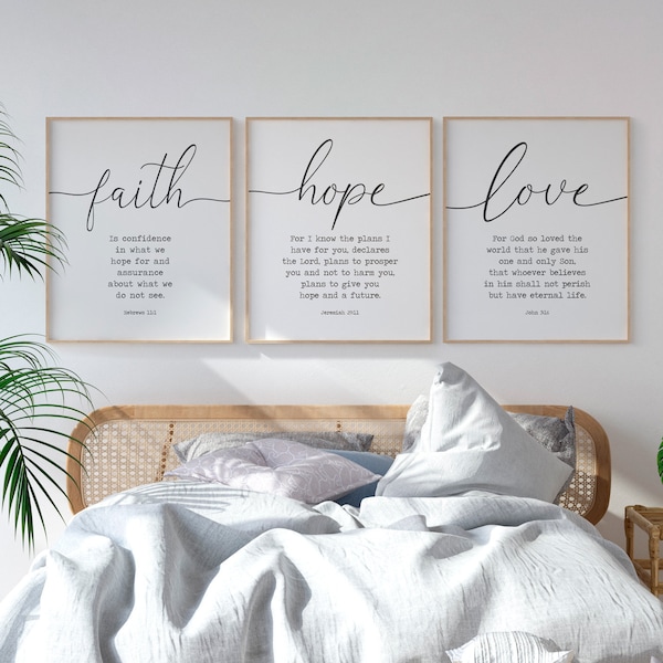 Bible Verse Print, Faith Hope Love Wall Art, Set of 3 Printable Art, Christian Wall Decor, Farmhouse Christian Decor, Bedroom Wall Decor