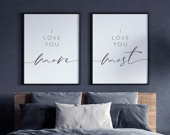 Ti amo di più Ti amo più citazione stampabile, Coppia di decorazioni per la camera da letto, Citazione romantica stampabile, Set di 2 stampe, Arte della parete della camera da letto, Arte dell'amore