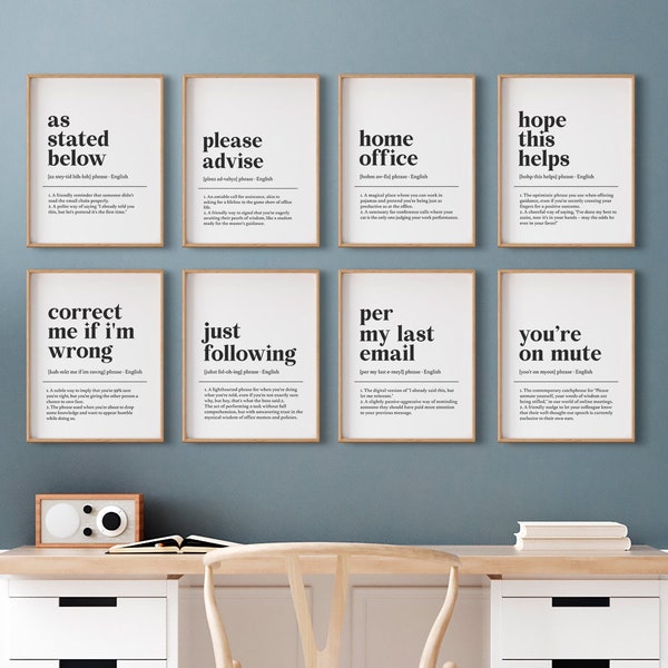 Grappige Office Prints, Office Wall Art, Set van 8 afdrukbare Office, Office Wall Decor, werk vanuit huis kunst, Office Art Prints, Home Wall Decor