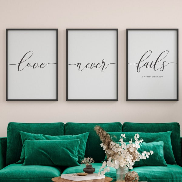 Love Never Fails Print, Scripture Wall Art, 1 Corintios 13:8, Love Never Fails Sign, Bible Verse Art Print, Christian Home Decor, Imprimible