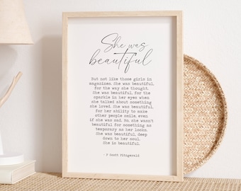 F. Scott Fitzgerald Quote, She Was Beautiful Print, Bedroom Wall Decor, Printable Art, Typography Print, Woman Quotes Wall Art, Woman Decor