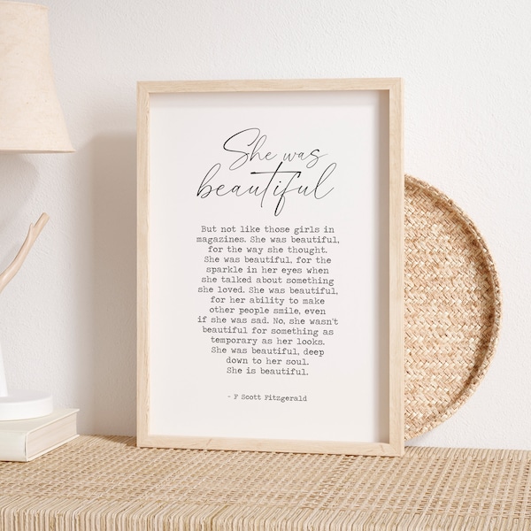 F. Scott Fitzgerald Quote, She Was Beautiful Print, Bedroom Wall Decor, Printable Art, Typography Print, Woman Quotes Wall Art, Woman Decor