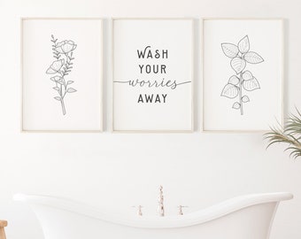 Wash your worries away, Printable Wall Art, Bathroom wall Decor, Guest bathroom decor, Naked Bathroom Art, Wash hands sign, Bathroom prints