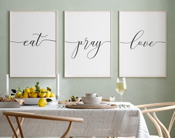 Eat Pray Love Printable Set - 3 Christian Wall Art Pieces, Farmhouse Kitchen & Dining Room Decor, Inspirational Quotes