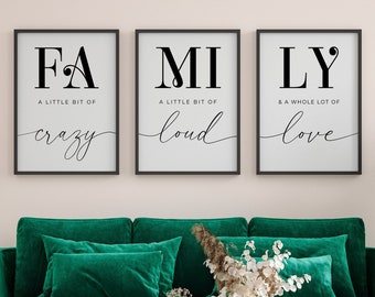 Familia Un poco de locura, un poco de ruido y mucho amor, set imprimible, decoración de pared familiar, impresiones familiares, letreros para el hogar
