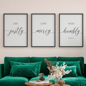 Act Justly Love Mercy Walk Humbly Sign, Micah 6:8, Bible Verse Wall Art, Bible Quotes, Set Of 3 Prints, Home Decor, Christian Wall Decor
