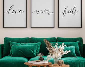 Bedroom Wall Decor Farmhouse, Love never fails Sign, Bible Verse Sign, Above Bed Quote, Couples Quote, 1 Corinthians 13:8,Printable Art