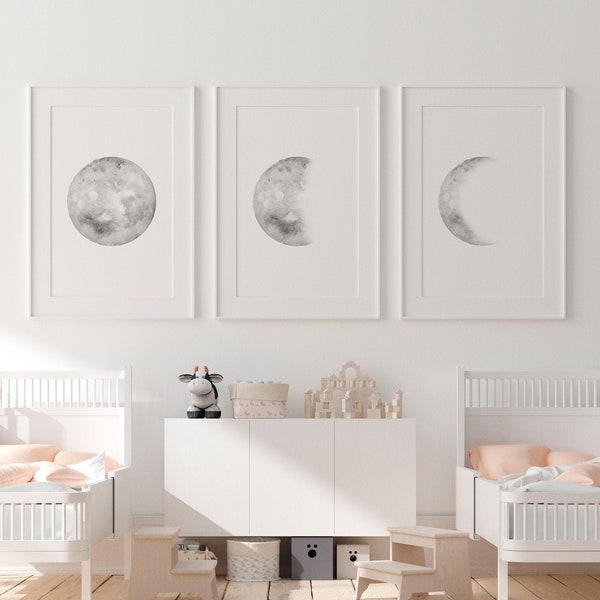 Mond-Wand-Kunst, Set von 3 Mond Drucke, minimalistische Mond Kunst, Schlafzimmer Dekor, Mond druckbare Kunst, Mond Phasen Druck, Wandkunst, digitaler Download,