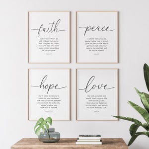 Faith Hope Love Peace Wall Art, Bible Verse Set of 4, Gallery Wall Art, Christian Wall Decor, Farmhouse Christian Decor, Bedroom Wall Decor