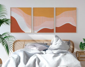 Boho Wall Art Set di 3, Arte stampabile moderna di metà secolo, Decorazione della parete della fattoria, Stampe per camera da letto, Arte della parete Boho, Stampe astratte, Casa rustica