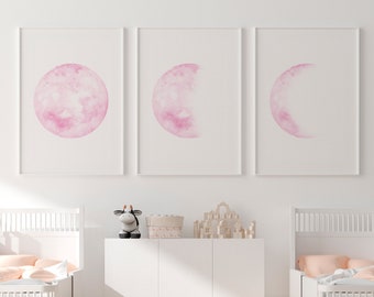 Moon Phase Poster, Moon Art Prints, Pink Watercolor, Phases of the Moon, Moon Art Nursery, Nursery Girl Decor, Bedroom Girl Art, Pastel Pink