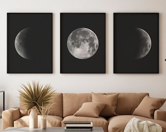 Moon Wall Decor, Set of 3 Printable Moon, Moon Phases Wall Art, Moon Picture, Bedroom Wall Decor, Moon Decor Home, Black and white Prints