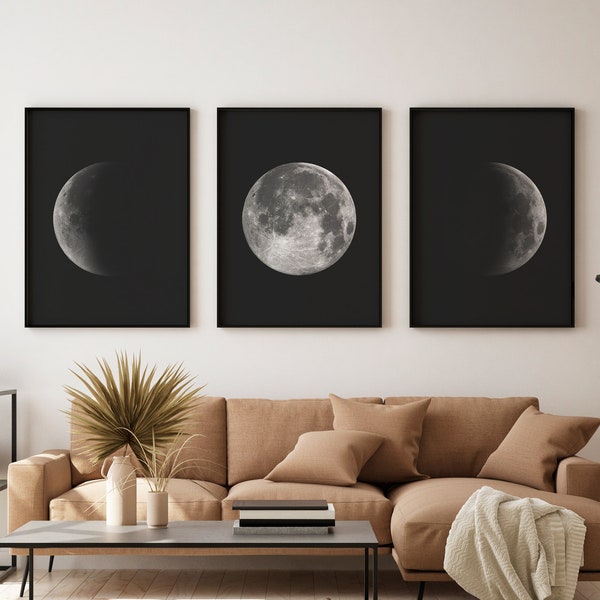 Moon Wall Decor, Set of 3 Printable Moon, Moon Phases Wall Art, Moon Picture, Bedroom Wall Decor, Moon Decor Home, Black and white Prints