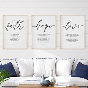 Faith Hope Love, Christian Wall Art, Bible Verse Print, Set of 3 Printable Art, Christian Wall Decor, Farmhouse Decor, Bedroom Wall Decor image 1