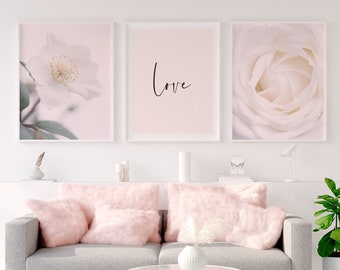 Floral Wall Art, Set of 3, Nursery Print, Woman Bedroom, Bedroom Signs, Flower Prints, Blush Pink Wall Art, Love Print, Digital Download