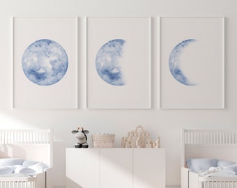 Blue Moon Phase Print, Navy Moon Art Nursery, Watercolor Prints, Nursery Decor, Bedroom Wall Decor, Lunar Phases, Moon Printable, Moon Print