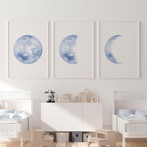 Blue Moon Phase Print, Navy Moon Art Nursery, Watercolor Prints, Nursery Decor, Bedroom Wall Decor, Lunar Phases, Moon Printable, Moon Print