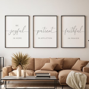 Bible Verse Wall Art, Printable Set of 3, Bible Verse Prints, Romans 12:12, Christian Decor, Be Joyful In Hope Sign, Living Room Wall Decor