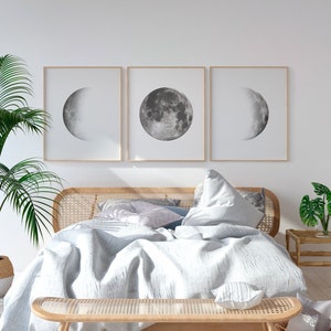 Set of 3 Moon Prints, Wall Art, Above Bed Art, Minimalist Moon Art, La Lune Affiche, Lunar Phases Wall Art, Digital Download.