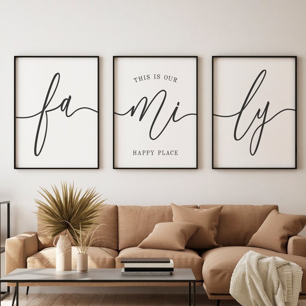 Dit is onze gelukkige plek, familie wand decor, set van 3 afdrukbare, familie citaat, familie prints, home signs, home wall decor, woonkamer prints