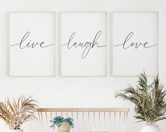 Live Laugh Love Sign, Set of 3 Posters, Minimal Decor, Black And White Print, Calligraphy Printable, Typography Quotes, Living Room Wall Art