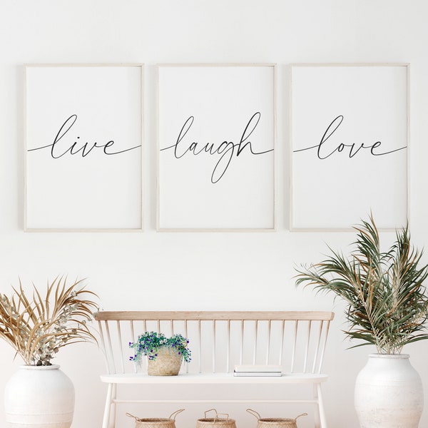 Live Laugh Love Sign, Set of 3 Posters, Minimal Decor, Black And White Print, Calligraphy Printable, Typography Quotes, Living Room Wall Art