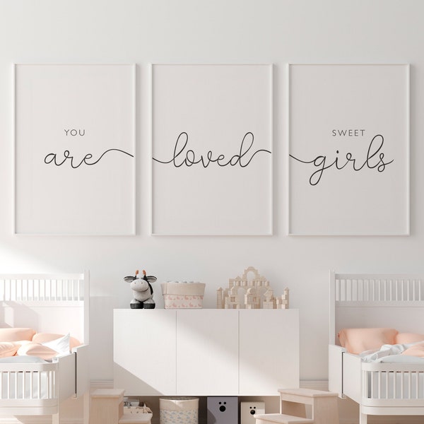 You are Loved Sweet Girls, Twin Nursery Wall Art, Twins Printable Quotes, Babies Room Decor, Nursery Prints Quotes, Nursery Wall Decor